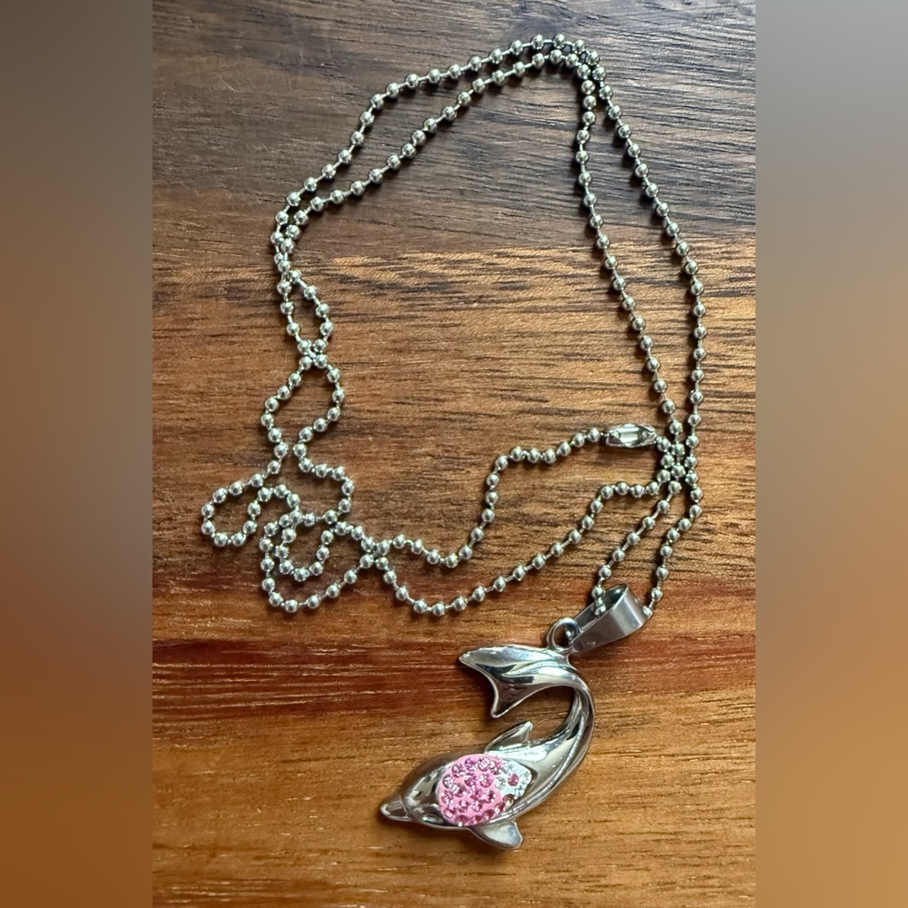 Silver Tone Dolphin Pendant Necklace Pink and Clear Pave Rhinestone Ball Chain